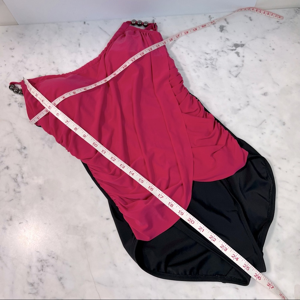 AQU GREEN Swimsuit Fuchsia Black Ruched Wrap Draped Overlay One Piece Sz… - Picture 9 of 9